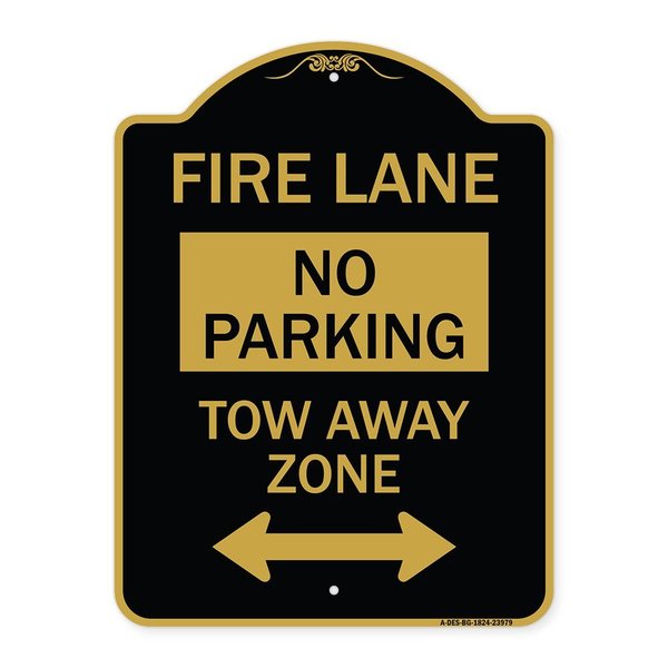 Signmission Fire Lane Tow-Away Zone W/ Bidirectional Arrow, Black & Gold Aluminum Sign, 18" x 24", BG-1824-23979 A-DES-BG-1824-23979